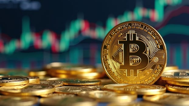 Concept of cryptocurrency trading on stock market and blockchain technology. Closeup golden coin with bitcoin logo, graphs and symbols. Decentralized digital currency. Crypto payment. Electronic money