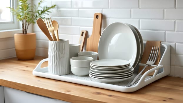 Budget and lightweight antimicrobial dish drainer with drain board at modern scandinavian kitchen. Dish rack holds many dishes and cups against wooden countertop, white wall tiles, sink and faucet