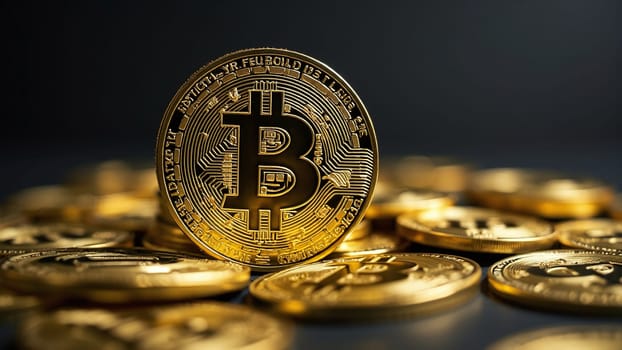 Concept of cryptocurrency trading on stock market and blockchain technology. Closeup golden coin with bitcoin logo against black. Decentralized digital currency. Crypto payment. Electronic money