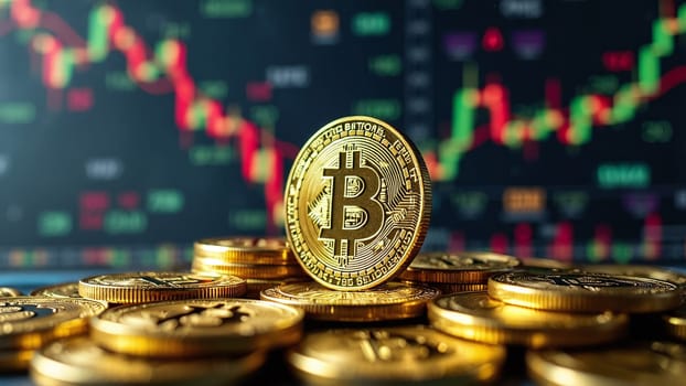Concept of cryptocurrency trading on stock market and blockchain technology. Closeup golden coin with bitcoin logo, graphs and symbols. Decentralized digital currency. Crypto payment. Electronic money