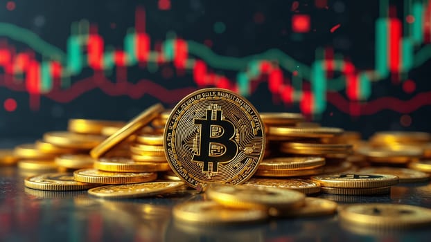 Concept of cryptocurrency trading on stock market and blockchain technology. Closeup golden coin with bitcoin logo, graphs and symbols. Decentralized digital currency. Crypto payment. Electronic money