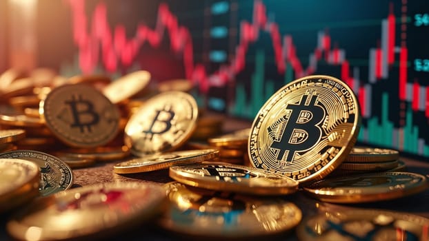 Concept of cryptocurrency trading on stock market and blockchain technology. Closeup golden coin with bitcoin logo, graphs and symbols. Decentralized digital currency. Crypto payment. Electronic money