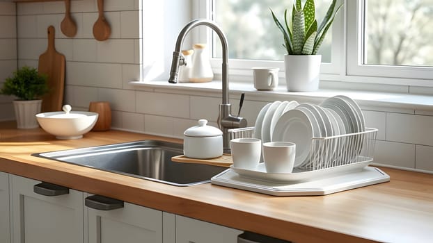 Budget and lightweight antimicrobial dish drainer with drain board at modern scandinavian kitchen. Dish rack holds many dishes and cups against wooden countertop, white wall tiles, sink and faucet