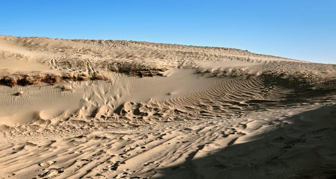 Nordic dunes, Baltic sea, Curonian spit, Nida, Klaipeda, Lithuania at sunset. Lines, rhythm and patterns of shadows and hills