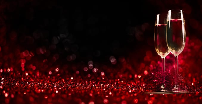Two champagne glasses on sparkling red bokeh background. Celebration toast flutes. Valentine's day dinner invitation. Christmas and new year holiday party.