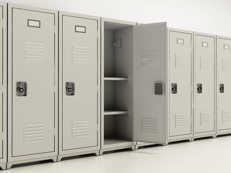 Metal locker storage cabinets for school, fitness club or gym isolated on white background. 3D illustration.