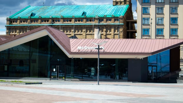 The McDonalds restaurant in Kyiv closed due to the war in Ukraine. A fast food restaurant that is closed and closed due to Russian aggression and martial law. Ukraine, Kyiv - August 7, 2022