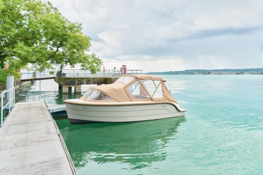 Boat at a jetty in Überlingen on Lake Constance, Bodensee