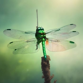 Beautiful dragonfly sits in the garden and sunbathes