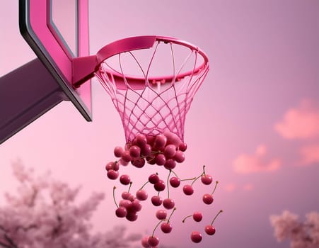 Red cherries falling into basketball hoop against pink sky.