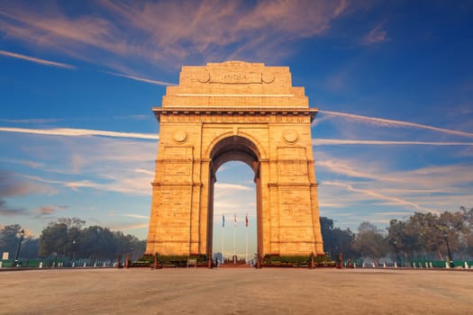 India Gate in sunset evening lights, Rajpath,  New Delhi.