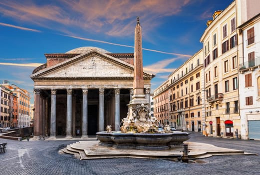 Pantheon temple with a column, view from the Rotonda Sqaure, Rome, Italy.