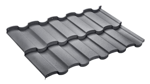 Modular tile effect roof panel. Lightweight gray steel roofing sheet isolated on white background. Traditional metal shingle tiles. Popular profiled metallic pantile mimic clay or concrete slate