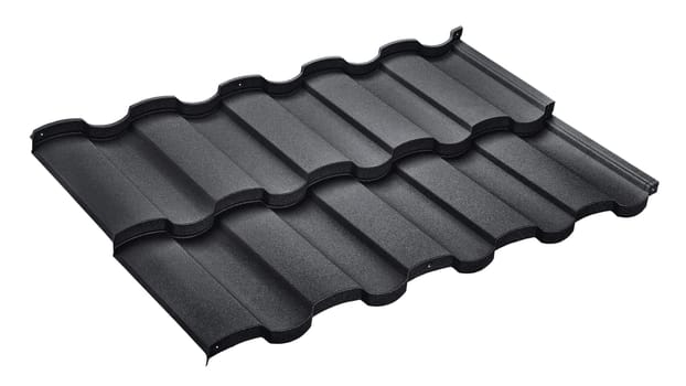 Modular tile effect roof panel. Lightweight black steel roofing sheet isolated on white background. Traditional metal shingle tiles. Popular profiled metallic pantile mimic clay or concrete slate