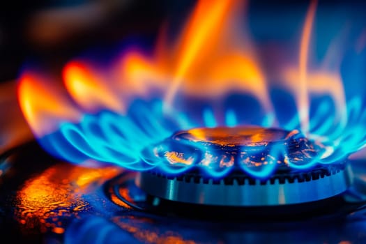 Closeup of flame gas nozzle on a stove , highlighting its vibrant blue and orange color. AI generated