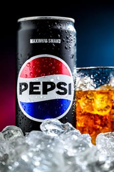 POZNAN, POL - AUG 7, 2024: Can of Pepsi, a carbonated soft drink produced and manufactured by PepsiCo. The beverage was created and developed in 1893 under the name Brad's Drink