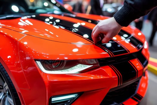 Hand touching the hood of a bright red sports car with black racing stripes at an auto show