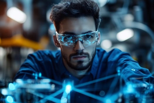Person wearing AR glasses with holographic display in high-tech lab environment