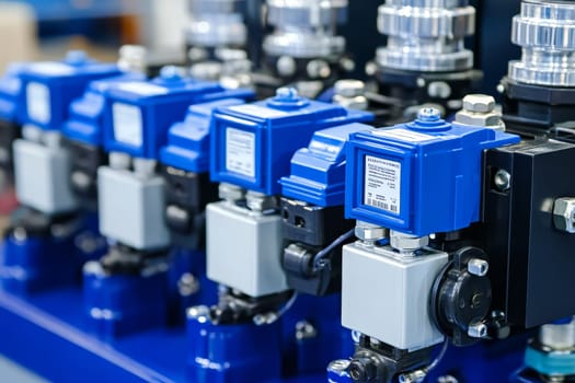 Close-up of blue industrial valve actuators with digital displays in a manufacturing setting