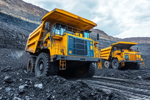 Massive yellow haul trucks in open-pit mine with rocky terrain and tiered mining operation