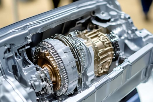Cutaway view of an automotive gearbox, revealing intricate internal components with gold and silver elements
