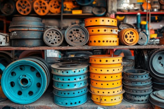 Assortment of colorful car wheels and rims in orange, blue, and gray stacked on shelves in an automotive workshop