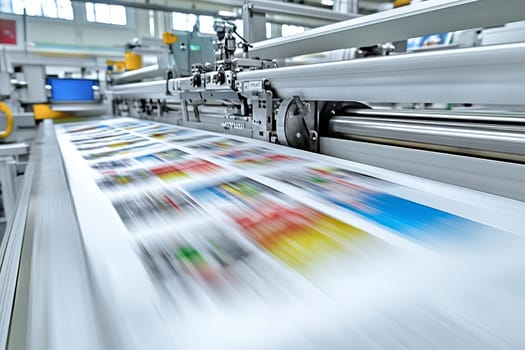 Colorful magazines on modern printing press with motion blur effect