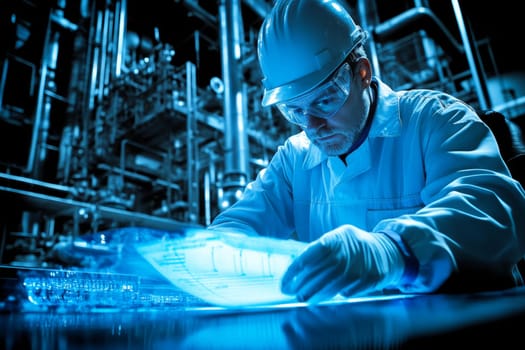 Researcher in protective gear examining glowing digital display in high-tech facility