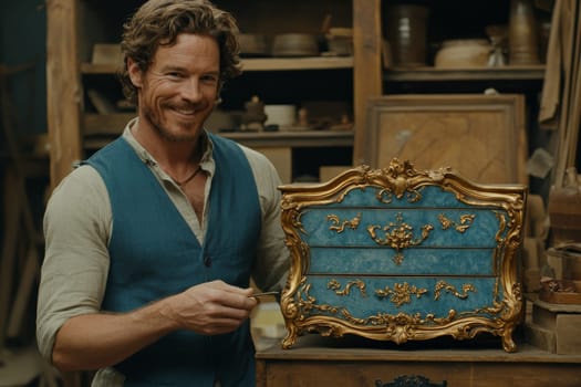 Smiling craftsman in blue vest working on beautifully decorated antique chest in workshop filled with tools and supplies.