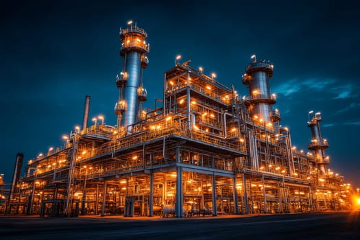 Brightly lit petrochemical plant with complex structures against dark sky