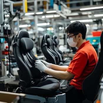 Factory worker in mask and orange shirt inspecting car seat on production line