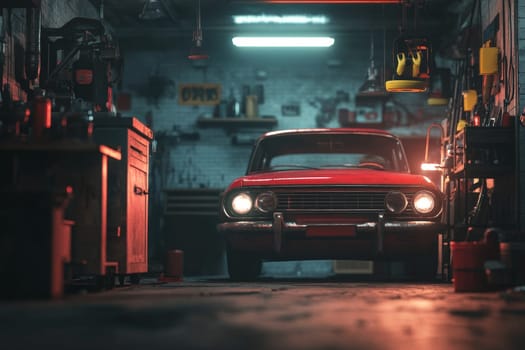 Classic automobile illuminated by fluorescent light in a moody workshop setting