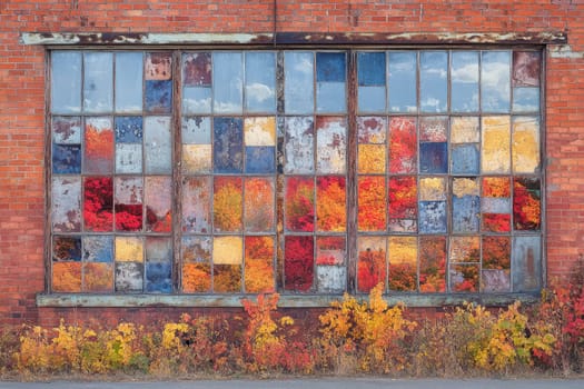 Weathered industrial windows reflect vibrant fall foliage, creating a stunning mosaic of decay and natural beauty