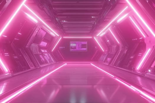 Futuristic hexagonal corridor with glowing pink neon lights and computer displays