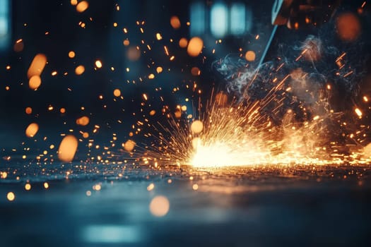 Intense close-up of welding sparks flying against a dark background, illuminating the scene with golden light