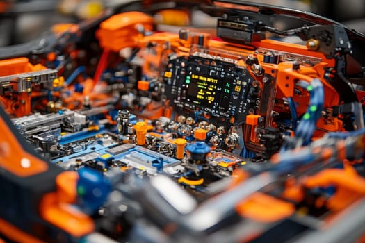Complex array of electronic components and digital displays in a modern car dashboard, highlighting automotive technology advances