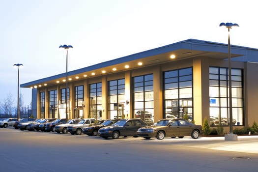 Illuminated car dealership showroom with large glass windows displaying new vehicles in the evening