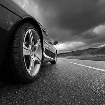 Low-angle view of a luxury sports car on an empty highway with dramatic stormy sky, conveying power and adventure