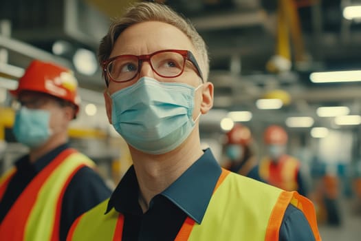 Close-up of an industrial worker wearing a protective face mask and safety glasses, with colleagues in the background