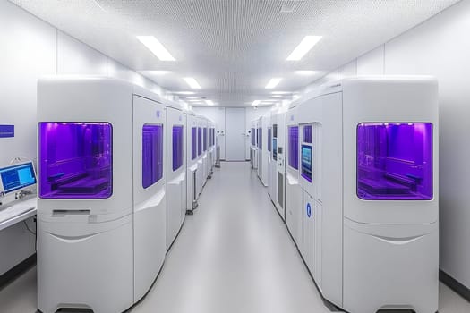 Rows of white 3D printing machines with purple-lit interiors in a clean, modern laboratory setting, representing cutting-edge manufacturing technology