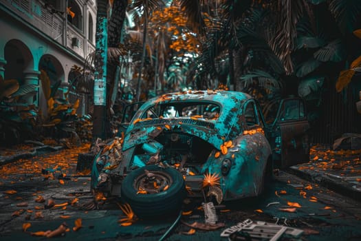 Rusty vintage car wreck surrounded by lush tropical vegetation and architectural ruins, creating a surreal scene
