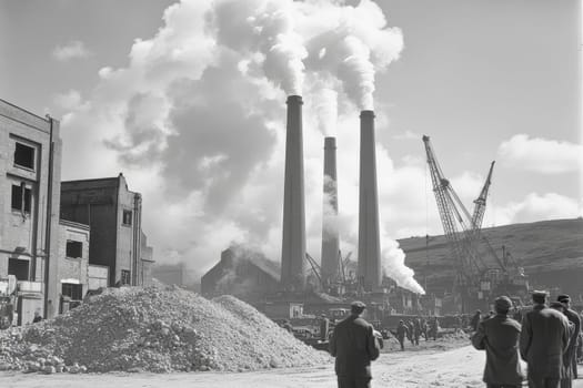 Black and white historical photograph of a bustling industrial area with tall smokestacks and construction activity