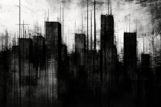 Grungy black and white abstract representation of city skyline with vertical lines