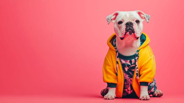 Cute dog wearing yellow hoodie, copy space. AI generated