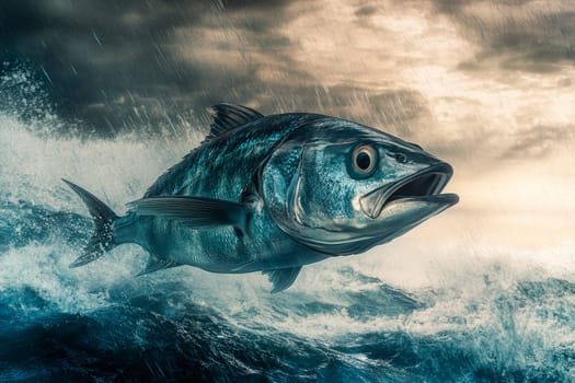 Fish jumping out from water  on a stormy sea background. AI generated