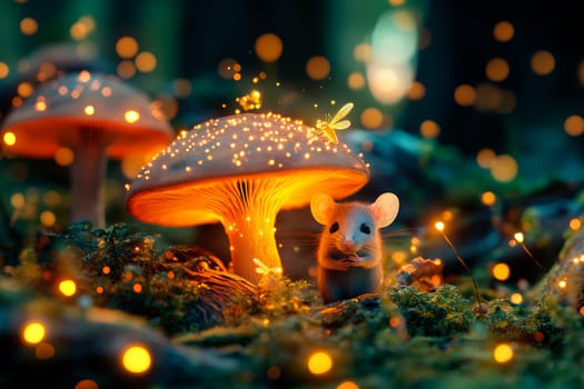 A tiny mouse in the magic woods with  glowing mushrooms and a fireflies. AI generated