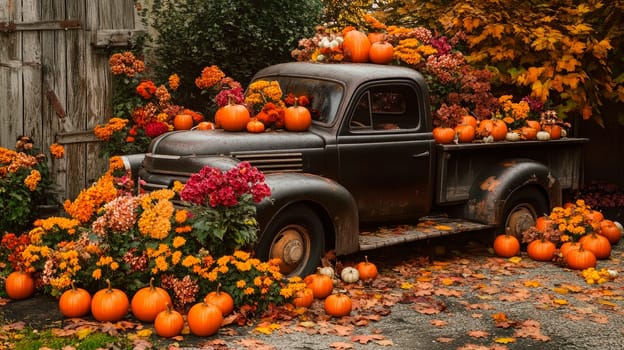 Halloween theme, front side view of a vintage pickup truck adorned with a lot of pumpkins and autumn decorations. AI generated