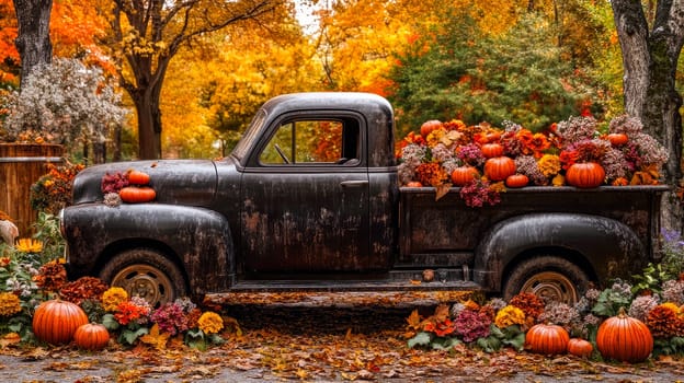 Halloween theme, side view of a black vintage pickup truck adorned with a lot of pumpkins and autumn decorations. AI generated