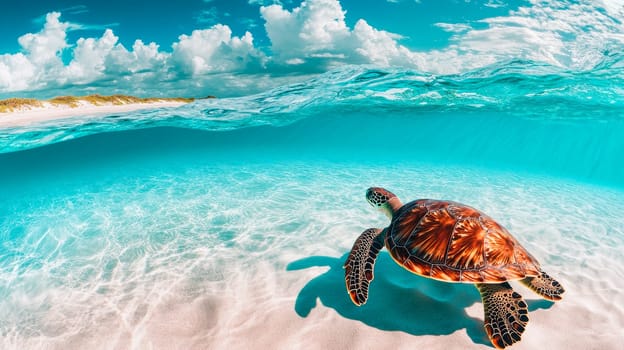 A sea turtle and tropical beach above and below water. AI generated