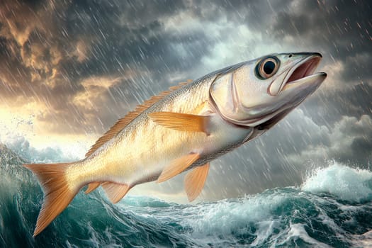 Large fish jumping out from water  on a stormy sea background. AI generated